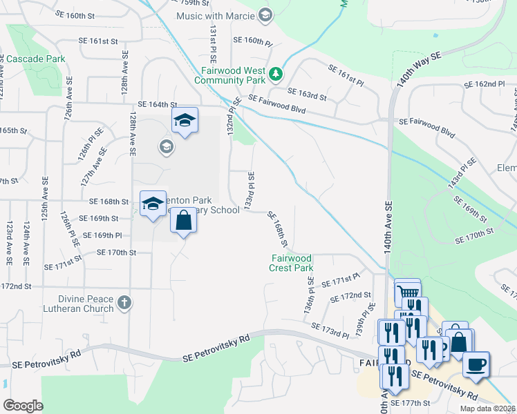 map of restaurants, bars, coffee shops, grocery stores, and more near 13402 Southeast 168th Street in Renton