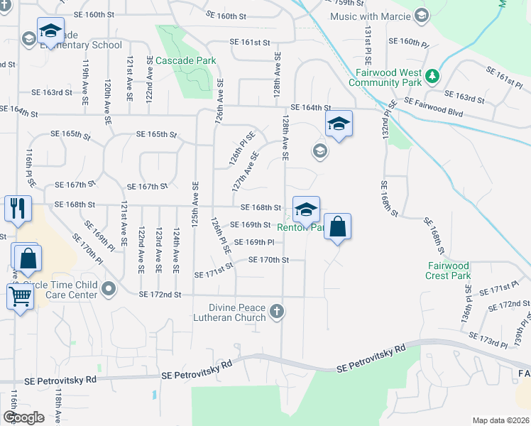 map of restaurants, bars, coffee shops, grocery stores, and more near 12758 Southeast 168th Street in Renton