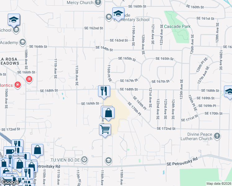 map of restaurants, bars, coffee shops, grocery stores, and more near 16720 117th Avenue Southeast in Renton
