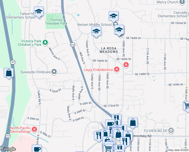 map of restaurants, bars, coffee shops, grocery stores, and more near 2914 Cedar Avenue South in Renton
