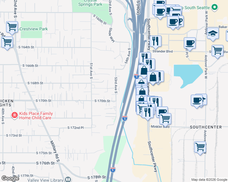 map of restaurants, bars, coffee shops, grocery stores, and more near 5162 South 168th Street in SeaTac