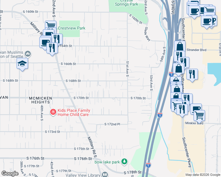 map of restaurants, bars, coffee shops, grocery stores, and more near 4815 South 168th Street in SeaTac