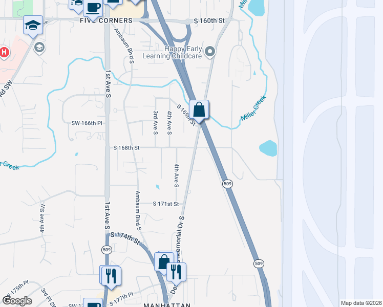 map of restaurants, bars, coffee shops, grocery stores, and more near 16740 Des Moines Memorial Drive in Burien