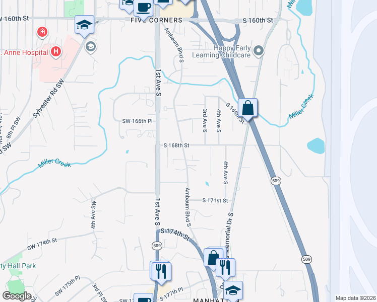 map of restaurants, bars, coffee shops, grocery stores, and more near 217 South 168th Street in Burien