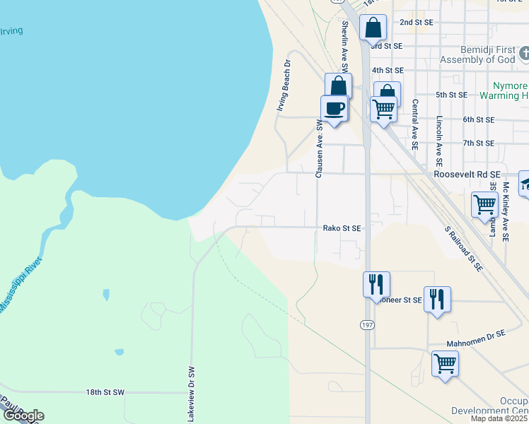 map of restaurants, bars, coffee shops, grocery stores, and more near 424 Roosevelt Road Southwest in Bemidji