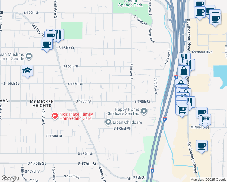 map of restaurants, bars, coffee shops, grocery stores, and more near 4801 South 168th Street in SeaTac
