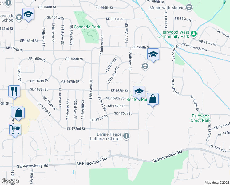 map of restaurants, bars, coffee shops, grocery stores, and more near 12720 Southeast 168th Street in Renton