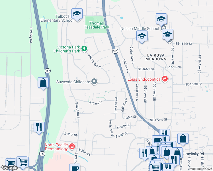 map of restaurants, bars, coffee shops, grocery stores, and more near 821 South 31st Street in Renton