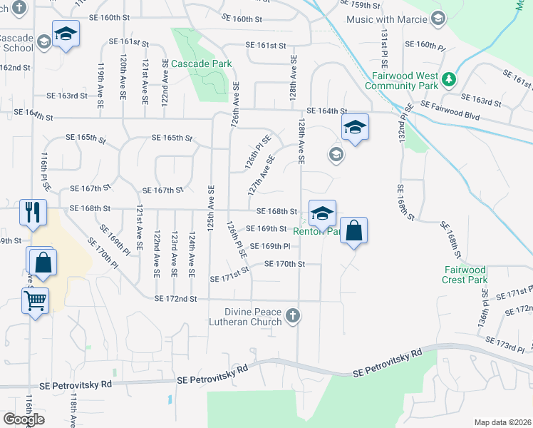 map of restaurants, bars, coffee shops, grocery stores, and more near 12720 Southeast 168th Street in Renton