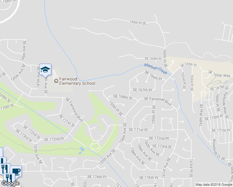 map of restaurants, bars, coffee shops, grocery stores, and more near 15532 Southeast 168th Street in Renton