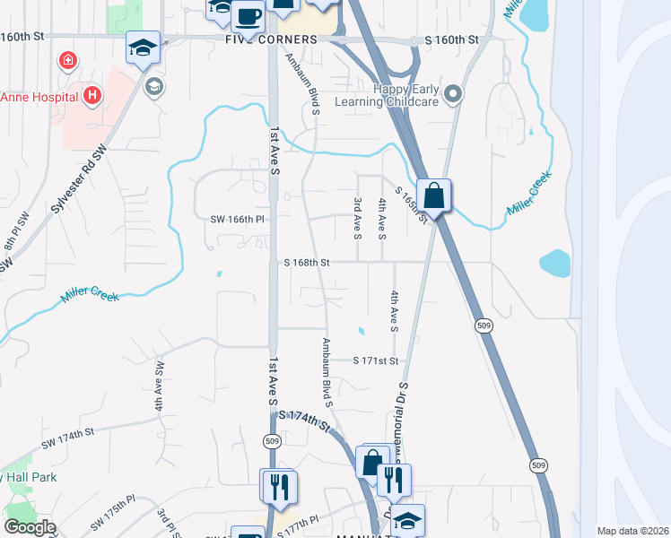 map of restaurants, bars, coffee shops, grocery stores, and more near 217 South 168th Street in Burien