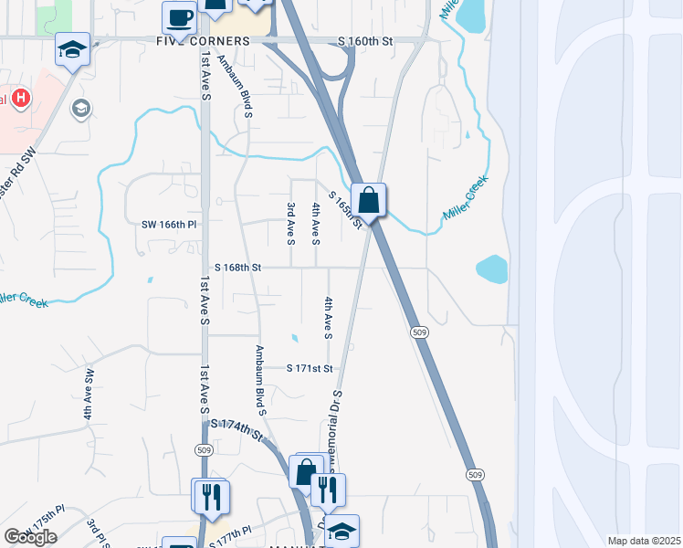 map of restaurants, bars, coffee shops, grocery stores, and more near 413 South 168th Street in Burien