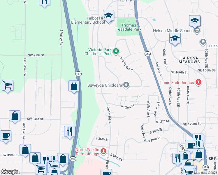 map of restaurants, bars, coffee shops, grocery stores, and more near 601 South 31st Street in Renton