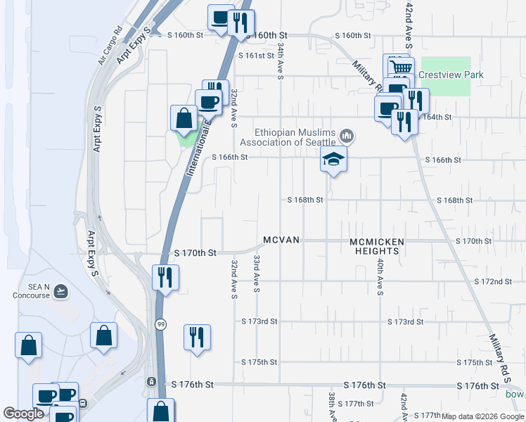 map of restaurants, bars, coffee shops, grocery stores, and more near 16811 33rd Avenue South in SeaTac