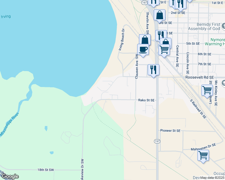 map of restaurants, bars, coffee shops, grocery stores, and more near 424 Roosevelt Road Southwest in Bemidji