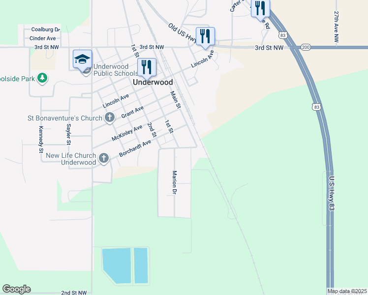 map of restaurants, bars, coffee shops, grocery stores, and more near 64 Stewart Avenue in Underwood