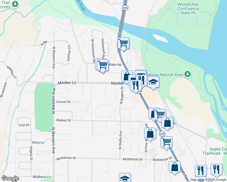 map of restaurants, bars, coffee shops, grocery stores, and more near 1914 Harbel Street in Wenatchee