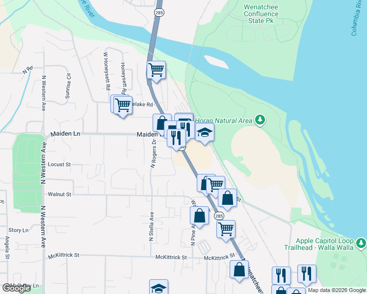 map of restaurants, bars, coffee shops, grocery stores, and more near 1917 North Wenatchee Avenue in Wenatchee