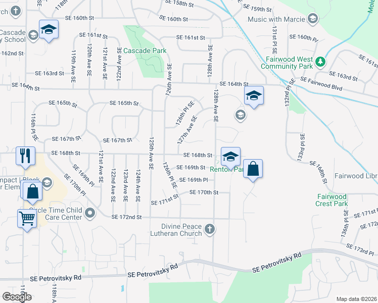map of restaurants, bars, coffee shops, grocery stores, and more near 12720 Southeast 168th Street in Renton