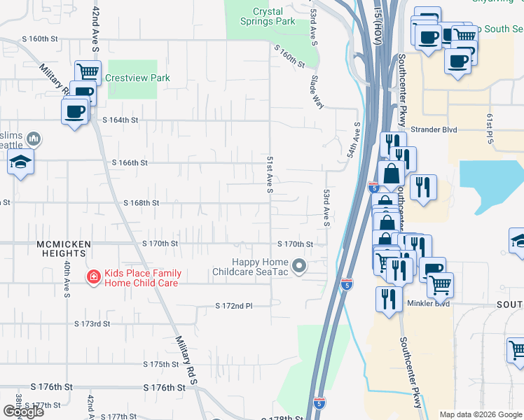 map of restaurants, bars, coffee shops, grocery stores, and more near 4855 South 168th Street in SeaTac