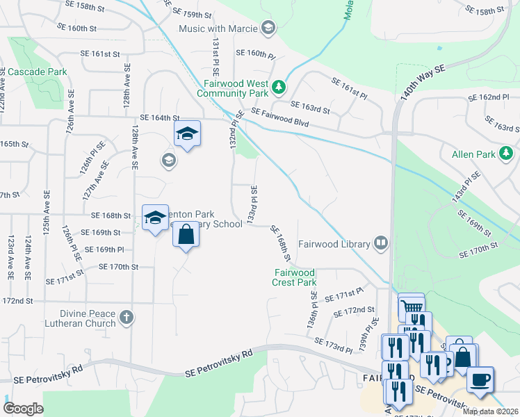 map of restaurants, bars, coffee shops, grocery stores, and more near 13402 Southeast 168th Street in Renton