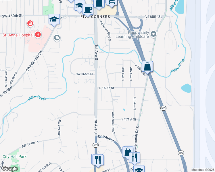 map of restaurants, bars, coffee shops, grocery stores, and more near 128 South 168th Street in Burien