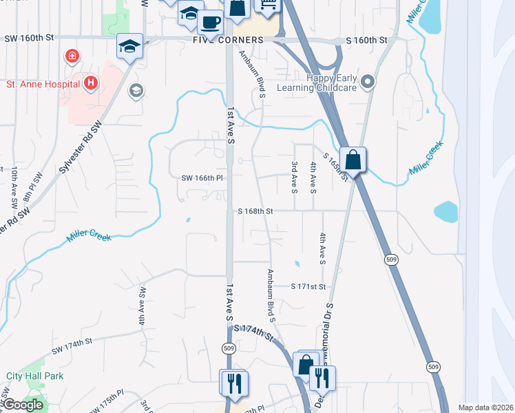 map of restaurants, bars, coffee shops, grocery stores, and more near 128 South 168th Street in Burien