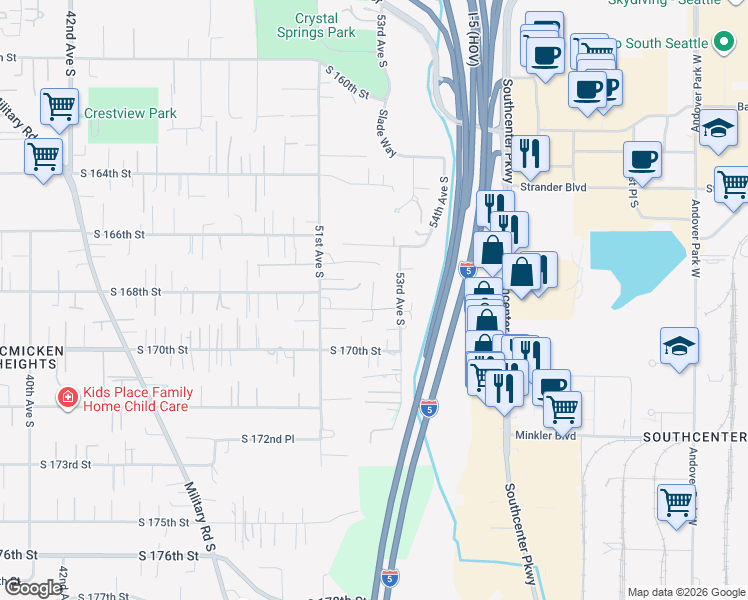 map of restaurants, bars, coffee shops, grocery stores, and more near 5162 South 168th Street in SeaTac
