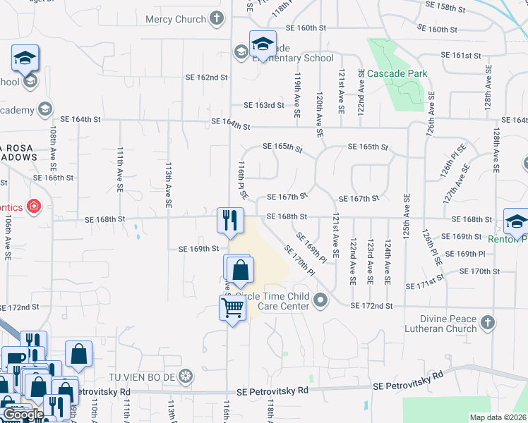map of restaurants, bars, coffee shops, grocery stores, and more near 16720 117th Avenue Southeast in Renton