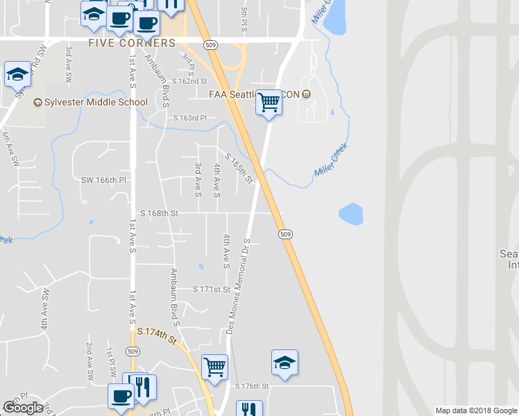 map of restaurants, bars, coffee shops, grocery stores, and more near 16740 Des Moines Memorial Drive in Burien