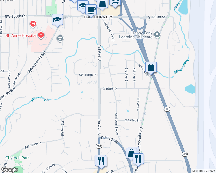 map of restaurants, bars, coffee shops, grocery stores, and more near 128 South 168th Street in Burien
