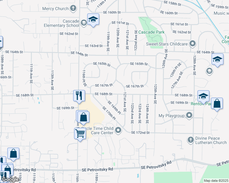 map of restaurants, bars, coffee shops, grocery stores, and more near 11930 Southeast 168th Street in Renton