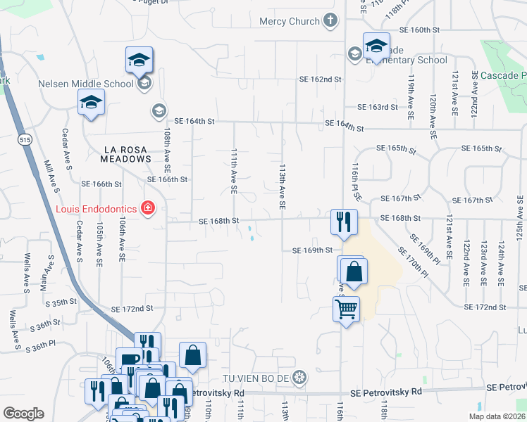 map of restaurants, bars, coffee shops, grocery stores, and more near 11126 Southeast 168th Street in Renton