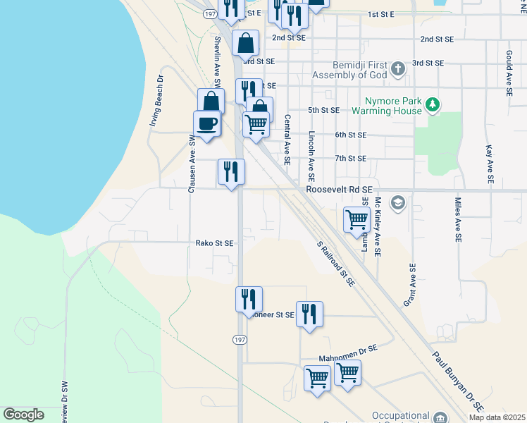 map of restaurants, bars, coffee shops, grocery stores, and more near 901 Carter Circle Southeast in Bemidji