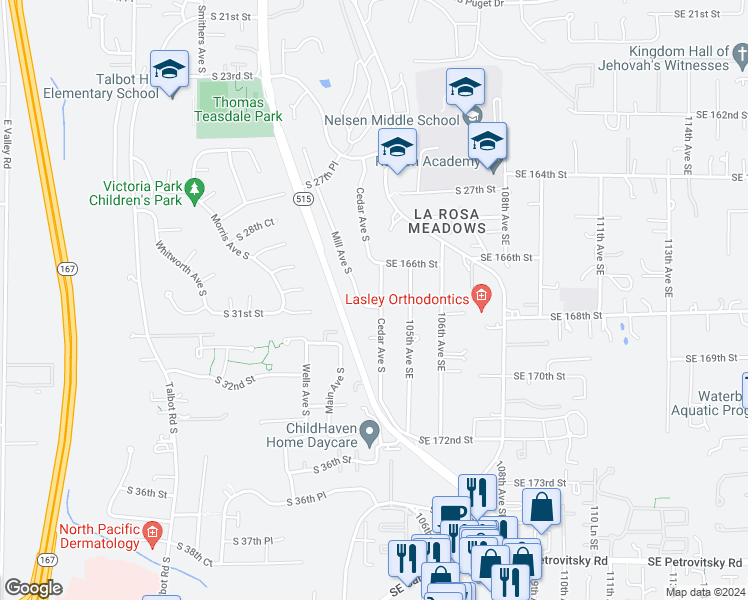 map of restaurants, bars, coffee shops, grocery stores, and more near 3007 Cedar Avenue South in Renton