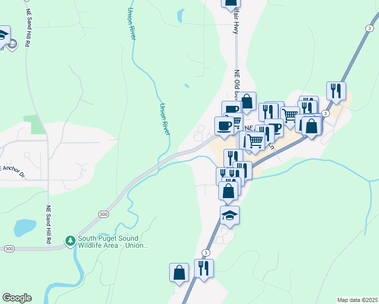 map of restaurants, bars, coffee shops, grocery stores, and more near 461 Washington 300 in Belfair