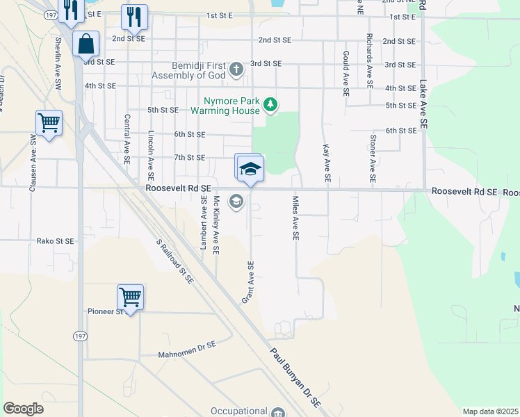 map of restaurants, bars, coffee shops, grocery stores, and more near 904 Grant Avenue Southeast in Bemidji