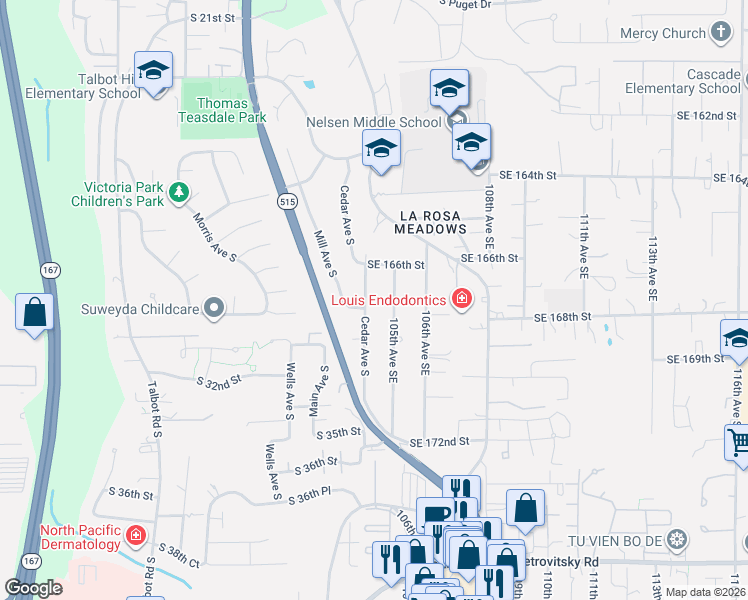 map of restaurants, bars, coffee shops, grocery stores, and more near 2914 Cedar Avenue South in Renton