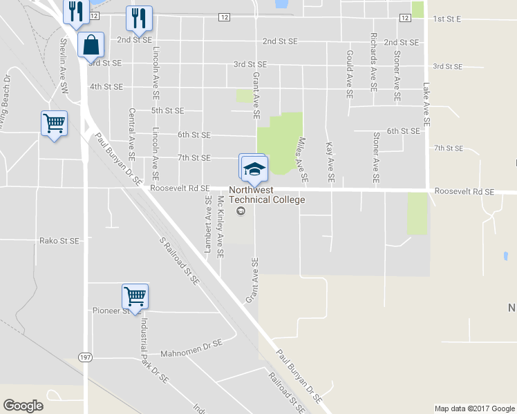 map of restaurants, bars, coffee shops, grocery stores, and more near 904 Grant Avenue Southeast in Bemidji