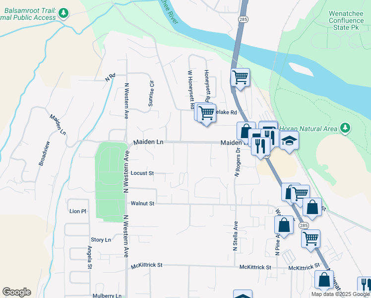 map of restaurants, bars, coffee shops, grocery stores, and more near 1601 Maiden Lane in Wenatchee