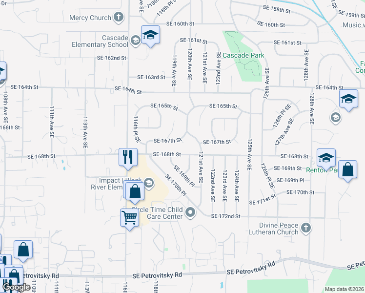 map of restaurants, bars, coffee shops, grocery stores, and more near 11930 Southeast 168th Street in Renton