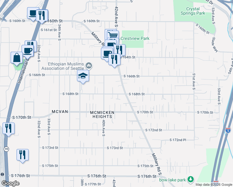 map of restaurants, bars, coffee shops, grocery stores, and more near 4037 South 168th Street in SeaTac