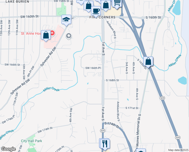 map of restaurants, bars, coffee shops, grocery stores, and more near 16625 1st Avenue South in Normandy Park