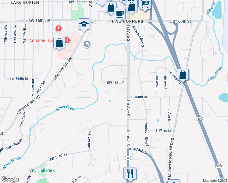 map of restaurants, bars, coffee shops, grocery stores, and more near 16625 1st Avenue South in Normandy Park