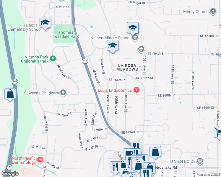 map of restaurants, bars, coffee shops, grocery stores, and more near 2914 Cedar Avenue South in Renton
