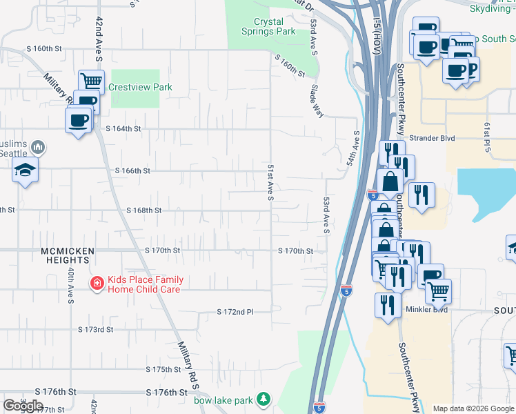 map of restaurants, bars, coffee shops, grocery stores, and more near 4855 South 168th Street in SeaTac