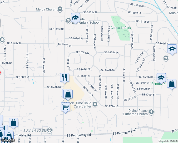 map of restaurants, bars, coffee shops, grocery stores, and more near 11930 Southeast 168th Street in Renton