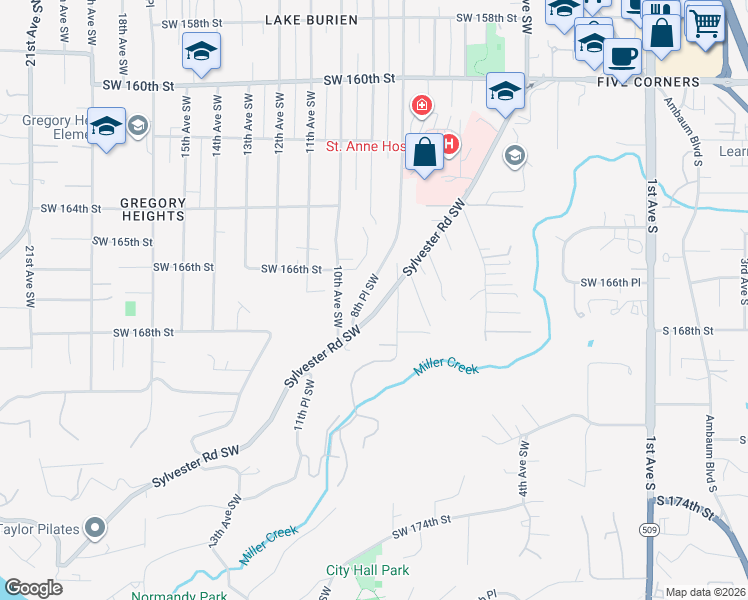 map of restaurants, bars, coffee shops, grocery stores, and more near 16631 Sylvester Road Southwest in Burien