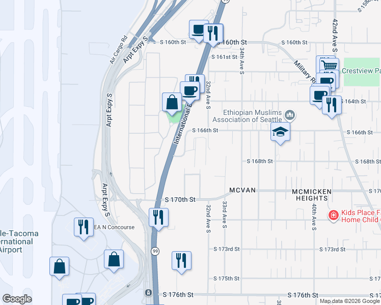 map of restaurants, bars, coffee shops, grocery stores, and more near 16700 31st Avenue South in SeaTac