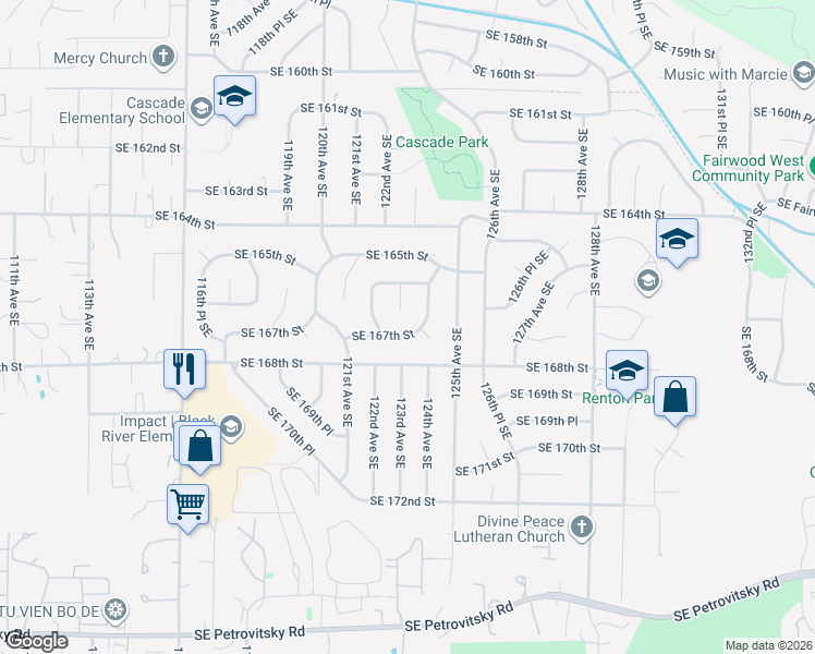 map of restaurants, bars, coffee shops, grocery stores, and more near 16615 124th Avenue Southeast in Renton